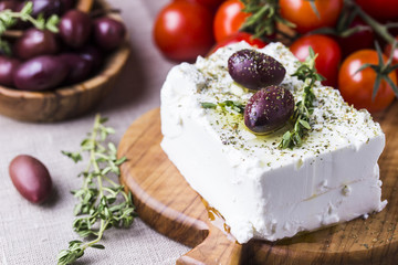 Greek cheese feta with thyme and olives - obrazy, fototapety, plakaty