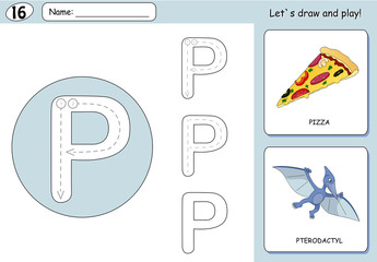 Cartoon pizza and pterodactyl. Alphabet tracing worksheet: writi