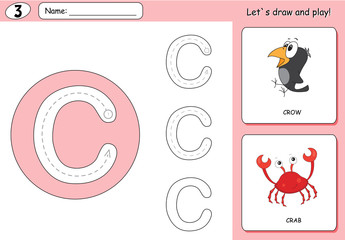 Cartoon crow and crab. Alphabet tracing worksheet: writing A-Z a