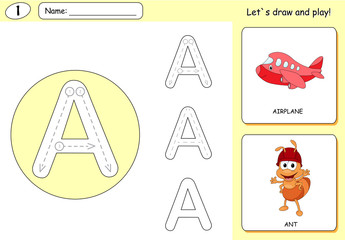 Cartoon ant and aircraft. Alphabet tracing worksheet: writing A-