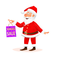 Santa Claus isolated on white background. Flat funny old man character holding Xmas gift. Christmas decoration for sale or discount banner or poster design. Cartoon vector illustration.