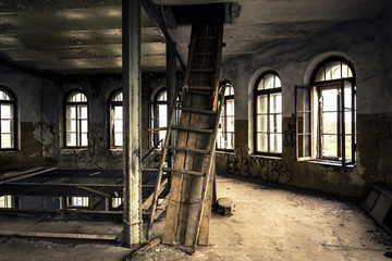 Interior of the old, ruined factory - 125576963