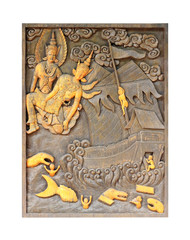 Wood carving Buddhist temple door public places of Buddhist worship.