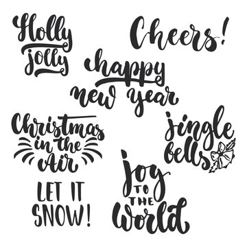 Lettering Christmas and New Year holiday calligraphy phrases photo overlays set isolated on the white background. Fun brush ink typography for illustrations, t-shirt print, flyer, poster design