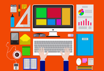 Espace de travail - Bureau et ordinateur - Vecteur - Concept plat