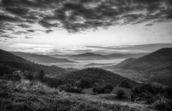 Fototapeta Black and White Autumn Landscape with House in Foreground