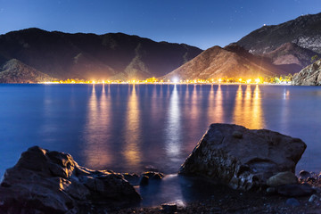 night sky under Adrasan bay. Adrasan village location, District of Kemer, Antalya Province, Turkey.