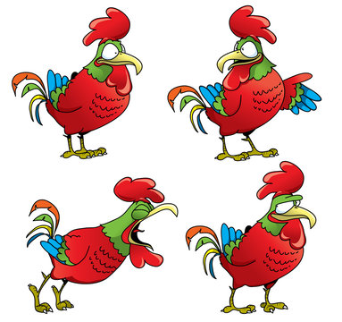 Isolated red roosters set. Cartoon vector illustration