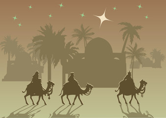 Stylized Biblical Christmas etude: three Wise Men are visiting the new King of Jerusalem Jesus Christ after His birth