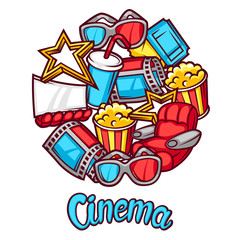 Cinema and 3d movie advertising background in cartoon style