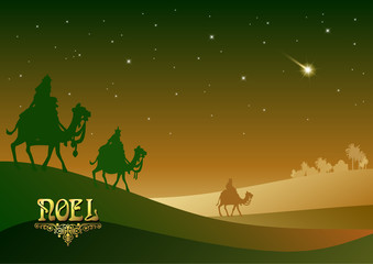 Stylized Biblical Christmas etude: three Wise Men are visiting the new King of Jerusalem Jesus Christ after His birth