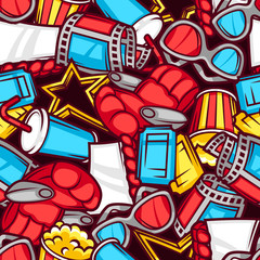 Seamless pattern of 3d movie elements and cinema objects in cartoon style