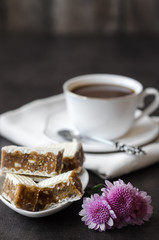 Wafers puff cakes with caramel and a cup of coffee
