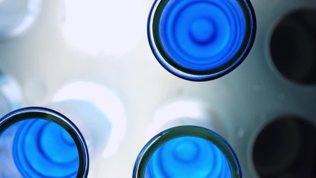 Macro shot of test tubes with blue liquid in rack rotating, top view