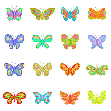 Butterfly fairy icons set. Cartoon illustration of 16 butterfly vector icons for web