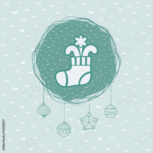 &quot;Christmas and New Year round frame with stocking symbol. Greeting card