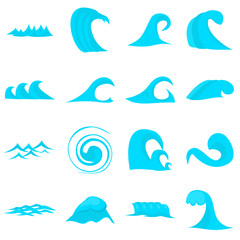 Waves icons set. Flat illustration of 16 waves vector icons for web