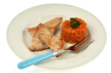 Escalope de veau et écrasé de carottes dans une assiette sur fond blanc