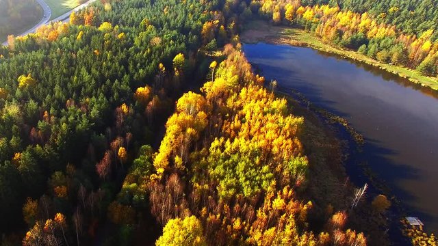 Aerial view of Trout lake. Colorful autumn in Slavkovsky Les. Great destination for deer hunting and trout fishing. Natural paradise from above. Czech Republic, Central Europe.