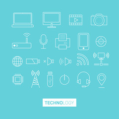 Linear vector set of technology tool icons on green background.