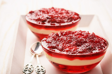 Berry dessert - berry jelly with vanilla pudding and cranberry jam. 