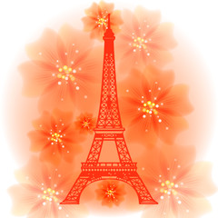 Landmark Paris - Eiffel Tower on a background with flowers