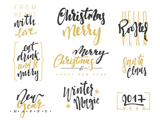 Merry Christmas Lettering Design Set. Calligraphy inscription handmade Merry Christmas and Happy New Year