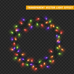 Garlands, Christmas decorations lights effects. Isolated vector design elements. Glowing lights for Xmas Holiday greeting card design. Christmas decoration realistic luminous garland