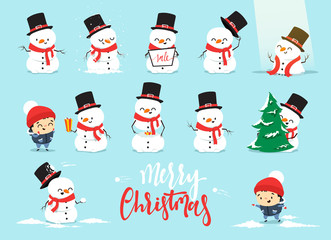 Snowman Christmas, character cartoon cute white snowman attributes of Christmas. Set Christmas characters snowman with a little boy