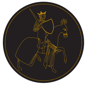 Medieval King Knight, Man On Horseback With Crown And Sword. Old Stamp In Circle. Vector Rider. The Rider With The Sword. Gold Crown.