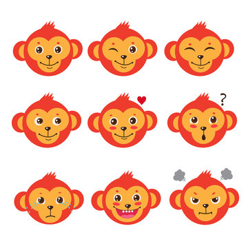 Monkey Emotion Faces. Cartoon Cute Monkeys. Vector Set. Cute Cartoon Animal Vector. Funky Monkey. Humor And Friendship Image. Marmoset Emotions.