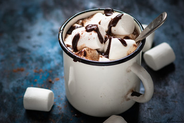 Warme chocolademelk met marshmallow in de mok. Warme winterdrank.