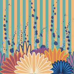 Colorful bushes and flowers on vertical striped  background.