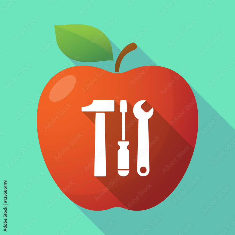 Sticker Long shadow apple fruit icon with a tool set