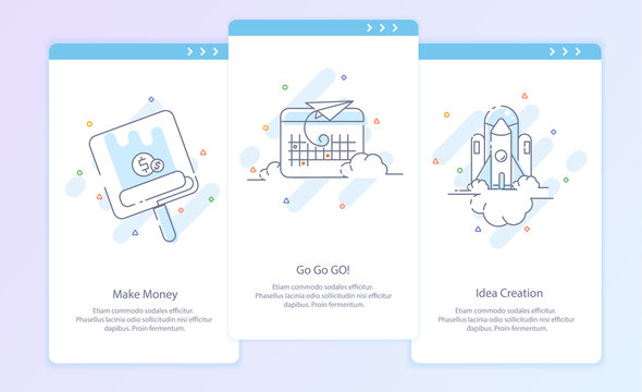 Premium Quality Line Icon And Concept Set: Process. Start up. Travel, Rocket, Make Money