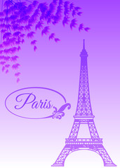 Fototapeta na wymiar Landmark of Paris - the Eiffel Tower, on lavender background with flowers