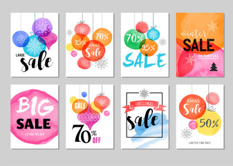 Sale icons, tags, labels and mobile theme. Christmas sale colorful watercolor vector backgrounds, poster design