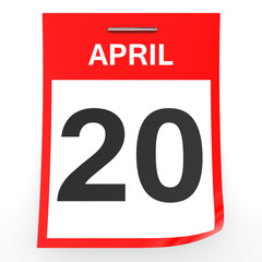 April 20. Calendar on white background.