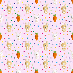 seamless pattern with smiling brown bannies  and orange carrots on a pink background 
