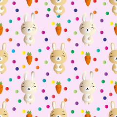 seamless pattern with smiling brown bannies  and orange carrots on a pink background 