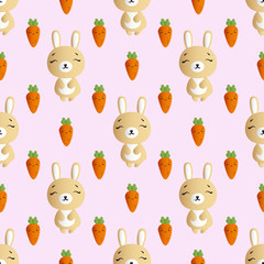 seamless pattern with smiling brown bannies  and orange carrots on a pink background 