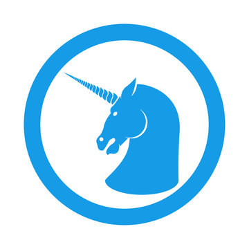 Icono plano unicornio en circulo color azul