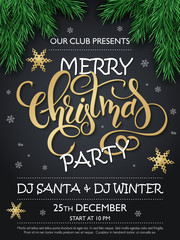 Vector merry christmas party poster with christmas fir-tree branches, golden stars and lettering greetings word - christmas, and snowflakes