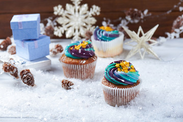 Wintery cupcakes on a snow background