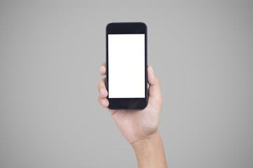 hand holding smart phone with white screen isolated clipping path