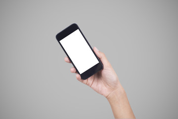 hand holding smart phone with white screen isolated clipping path