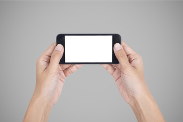 hand holding smart phone with white screen isolated clipping path