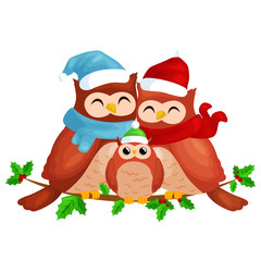 happy family of owls mom dad and baby in a warm hat and scarf sitting on a branch and enjoys the eve of Christmas and New Year by candlelight vector illustration
