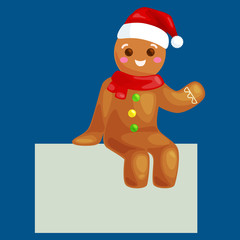 christmas cookies gingerbread man decorated with icing sitting on a plate in a Christmas hat and scarf, xmas sweet food vector illustration