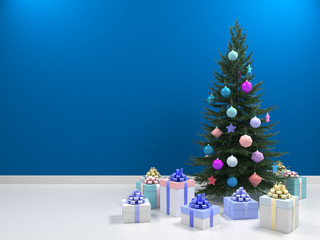 Christmas tree with colored balls toys, gifts boxes. Holiday, new year celebration theme with free copy space. Interior with clean blue wall blank for design, text or image. 3d illustration